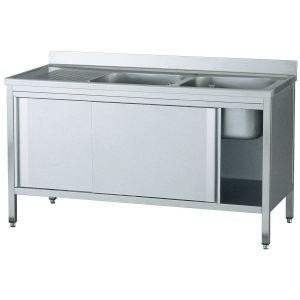 Edelstahl Spülschrank. 160 x 60 x 90 cm, 2 Becken rechts, Gastro Spültisch