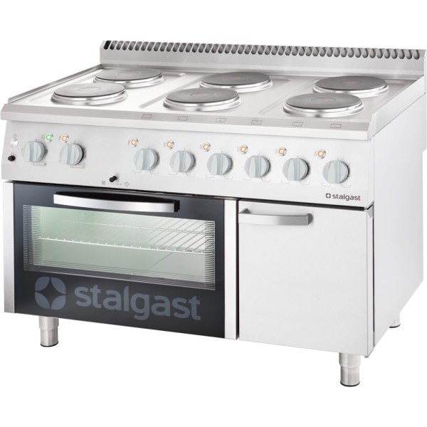 STALGAST Edelstahl Elektro-Herd mit 6 Kochplatten, statischem Backofen GN 2/1 und eintürigem Untersc