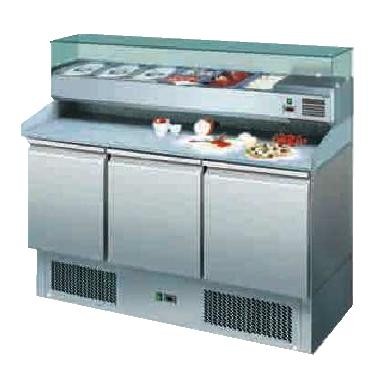 GastroXtrem Pizzatisch Ecoline III, 3 Türen & Aufsatzkühlvitrine 6 x GN 1/4, für Gastronomie