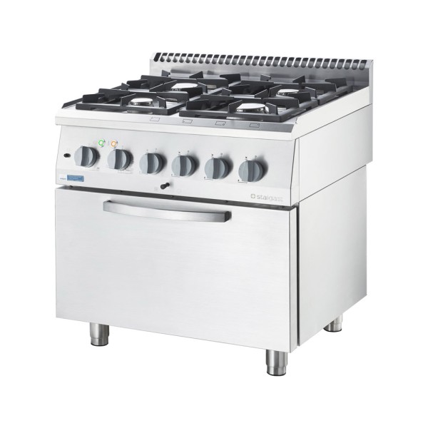 STALGAST Edelstahl Gasherd Basic mit 4 Brennern (2x3,5 +2x5) und Elektro-Umluft-Backofen GN 2/1, Se