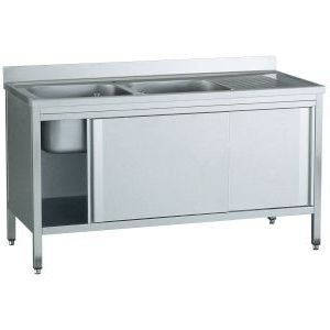 Edelstahl Spülschrank. 140 x 60 x 90 cm, 2 Becken links, Gastro Spültisch