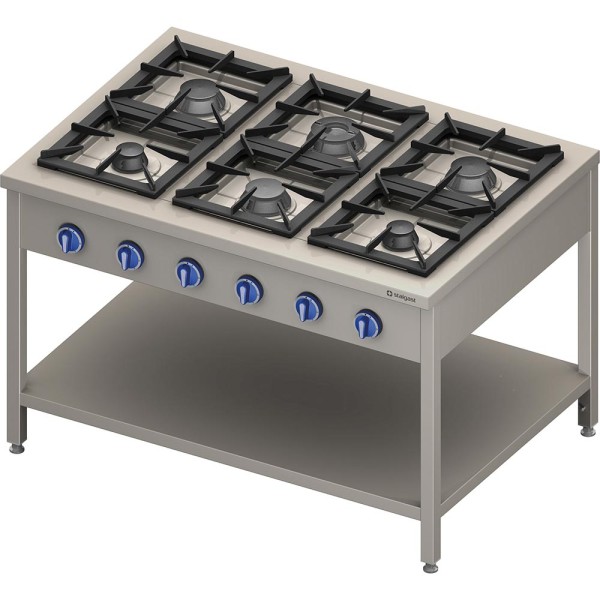 STALGAST Gasherd Serie 900 - 6-Brenner (3,5+3x5+2x7), 32,5 kW, G20, 1300 x 900 x 850 mm (BxTxH)