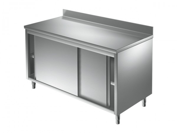 Edelstahl Abeitsschrank 160 x 60 x 90 cm mit Schiebetüren + Aufkantung für die Gastronomie
