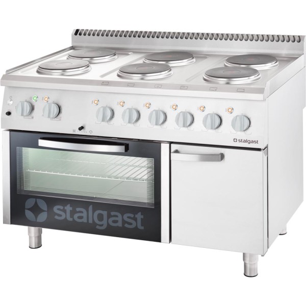 STALGAST Edelstahl Elektro-Herd mit 6 Kochplatten, Umluft-Backofen GN 1/1 und eintürigem Unterschran