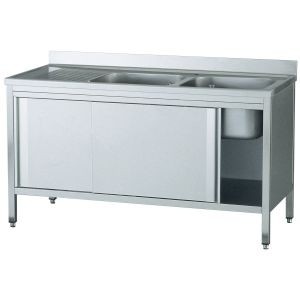 Edelstahl Spülschrank 140 x 70 x 90 cm, 2 Becken rechts, mit Aufkantung, Gastro Spültisch