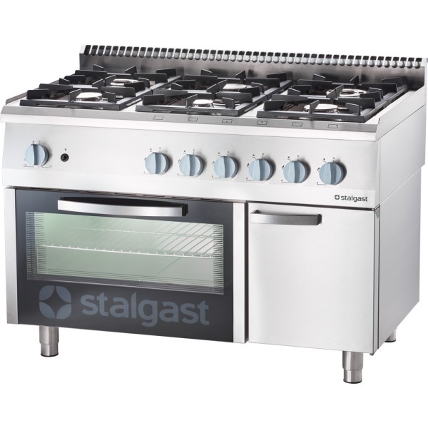 STALGAST Edelstahl Gasherd mit 6 Brennern (3,5+2x5+2x7+9), Gas-Backofen GN2/1 und Unterschrank, Seri