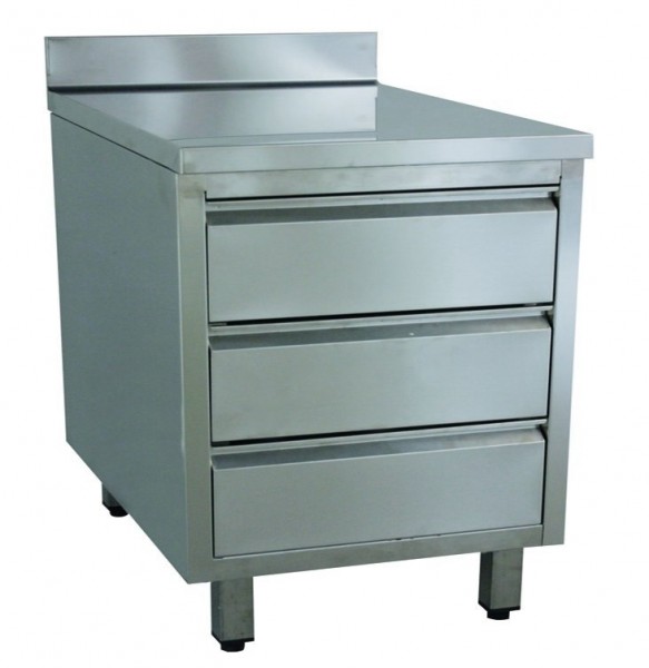 Gastro Edelstahl Schubladenblock / Arbeitsschrank 3 x GN 2/1, 80 x 60 x 90 cm Aufkantung