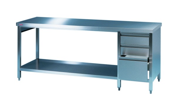 Edelstahl Arbeitstisch mit Grundboden und Schubladenblock - Tiefe 700 mm - SCHOLL Modell TIRO