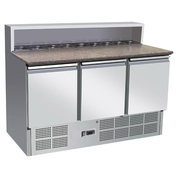 GastroXtrem Edelstahl Pizzakühltisch Ecoline II, 3 Türen für 8 x GN 1/6, für Gastro & Großküche