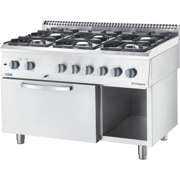 STALGAST Edelstahl Gasherd Basic mit 6 Brennern (6x3,5), Elektro-Umluft-Backofen GN1/1 und Regalfach