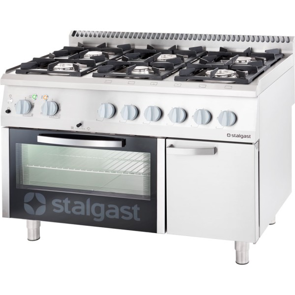 STALGAST Edelstahl Gasherd mit 6 Brennern (3,5+2x5+2x7+9), Elektro-Umluft-Backofen GN1/1 und Untersc
