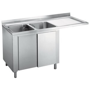 Edelstahl Spülcenter, 180 x 60 x 90 cm, 2 Becken links mit Unterschrank für die Gastronomie
